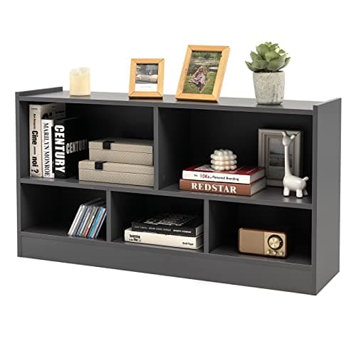 Image of COSTWAY Wooden Cube Bookcase, 2 Tier Open Storage Shelving Unit with 5 Compartments, Freestanding Display Bookshelf for Living Room, Kids Playroom and Study (Grey)