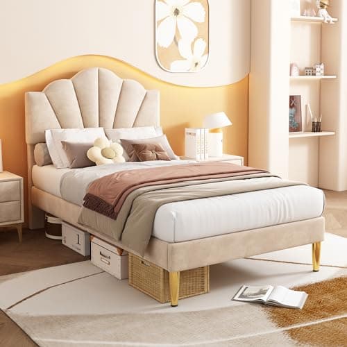 Image of BTM 3FT (90 * 190cm) Upholstered Single Bed Frame, Shell-like Velvet Bed with Golden Iron Legs & Height-adjustable Headboard, Wooden Slatted Frame Velvet, Beige