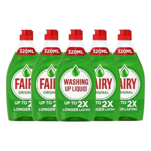 Image of 5 x Fairy Original Washing Up Liquid 320ml Bottles – Concentrated Powerful Grease-Cutting Dishwashing Liquid with Long-Lasting Fresh Scent – Gentle on Hands Kitchen Cleaning Essential + Epished Guides