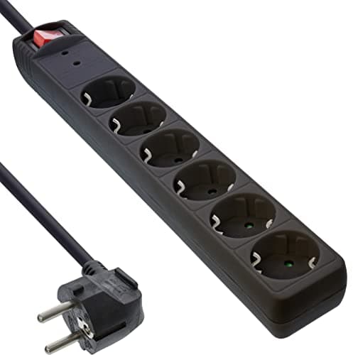 Image of InLine Power strip, black, 6-fold with overload protection, 6x Schutzkontakt, with on/off switch, 1,5m supply cable, with child safety