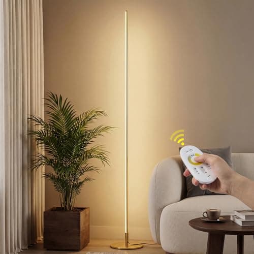 Image of Warmiehomy LED Floor Lamp, 147cm Minimalist Corner Floor Lamp, 3000K-6000K Dimmable LED Night Light with Foot Switch&Remote Control, Stepless Dimming Floor Light for Living Room, Reading Room, Gold