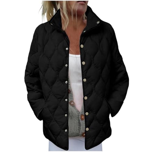 Image of AnnSemo Womens Quilted Jackets Winter Casual Plain Coats Long Sleeve Lightweight Jackets for Women UK Stand Collar Button Up Outerwear Ladies Padded Coats with Pockets