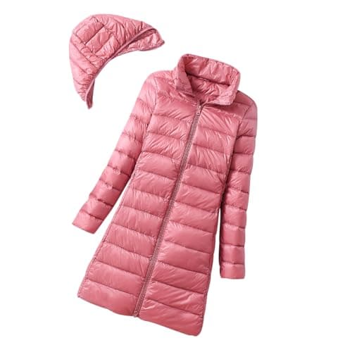 Image of Ladies Lightweight Puffer Jacket Long Packable Down Jacket Women Ladies Oversized Longline Hooded Puffer Coat Padded Jackets Womens Quilted Jackets with Hood Down Coats Puffa Coat for Women Pink XL