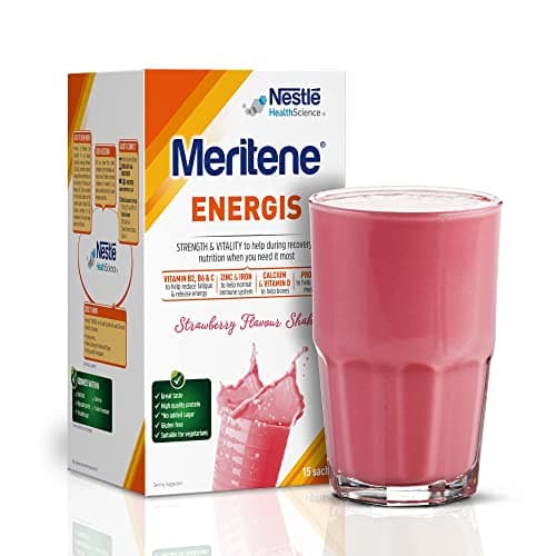 Image of Meritene Energis Strawberry Protein Shake | 30g Powder Sachets, Pack of 15 | Nutritional Support Mix with Proteins and Minerals | With Vitamin D, B & K