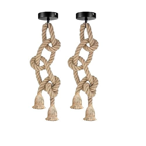 Image of LEDSone E27 Double-Head Hemp Rope Vintage Hanging Pendant Light, Industrial Retro Country Style Ceiling Light Perfect for Dining Hall Restaurant Bar Cafe (Without Bulb 2PK)