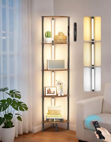Image of OUTONLIFE LED Floor Lamp with Shelves, Touch & Remote Control, Dimmable Display Shelf with 3 Color Temperature, 1-Hour Timer, Modern Corner Bookshelf for Living Room, Bedroom, Office(Rustic Brown)