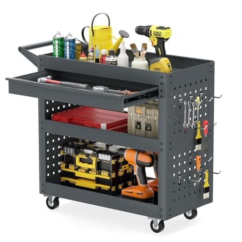 Image of COSTWAY 3-Tier Tool Trolley on Wheels, Lockable Metal Mechanic Tool Cart with Drawer, 2 Pegboards, 8 Hooks & Handle, Rolling Utility Service Trolley for Workshop Garage Kitchen, 210KG Load (Grey)