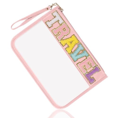Image of izuzta Chenille Letter Clear Bag Purse, Clear Zipper Pouch with Wristlet, Pink, TRAVEL2, Preppy