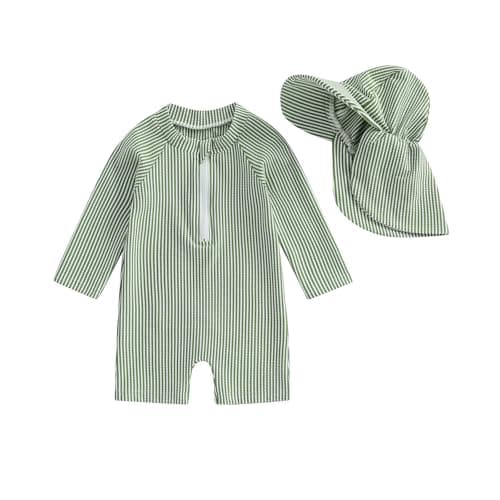 Image of Vioyavo Infant Baby Boy Rash Guard Swimsuit Summer Spring Striped Prints Long Sleeve Swimwear Zip Up Front Bathing Suit with Sun Hat (Green, 6-12 Months)