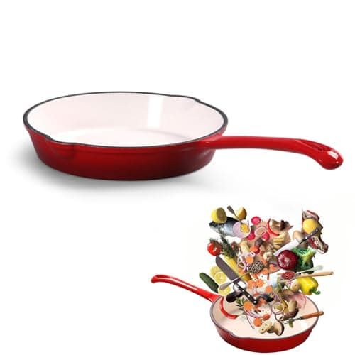 Image of Fuerdich 16cm Enamel Non-Stick Frying Pan, Double-Layer Coating Cast Iron Skillet, Stay Cool Long Handle Cooking Pan Even Heat, Red