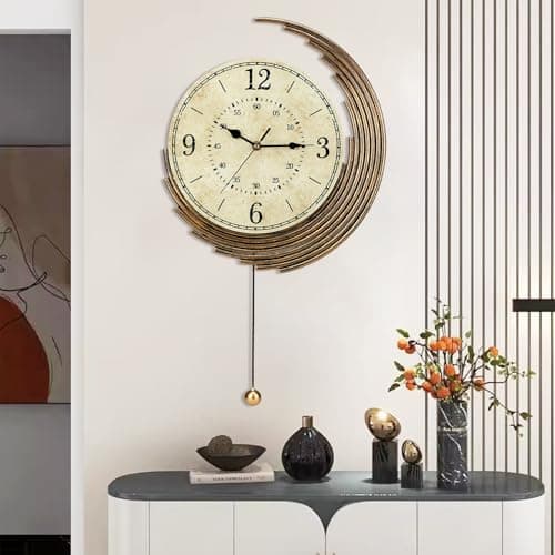 Image of Gilacco Decorative Wall Clocks with Pendulum,Silent Quality Quartz Movement Battery Operated,Vintage Wall Clock for Living Room Kitchen Home Bathroom Bedroom Wall Decor,13x22Inch,Retro Golden