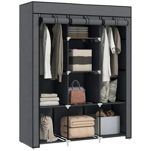 Image of HOMCOM Fabric Wardrobe, Portable Wardrobe, Clothes Storage Unit with 8 Shelves, 2 Hanging Rods, 125 x 43 x 162.5 cm, Dark Grey