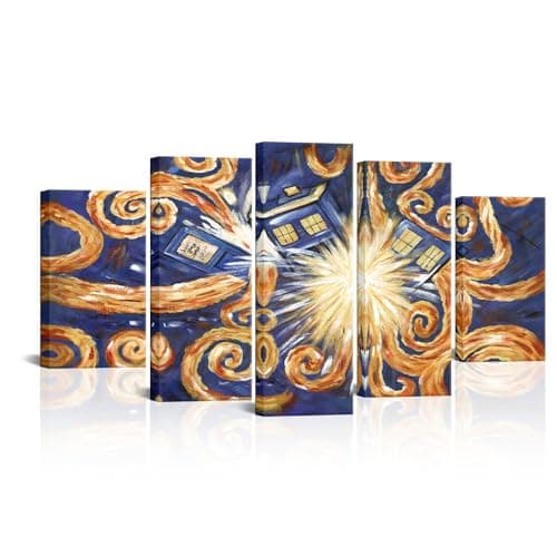 Image of PoGoXiPoYo Large 5pcs Doctor Who Exploding Tardis Canvas Prints Television Show Dr Who Van Gogh Inspired Time Travel Poster Art Print Decorative Painting Stretched Canvas Ready to Hang 60x32