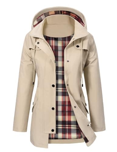 Image of PASUDA Women's Waterproof Jacket Long Rain Coats Hooded Rain Jacket with Pockets Lightweight Windbreaker Raincoat Functional Trench Coats Hiking Running Camping Outdoor Coats (Khaki, S)