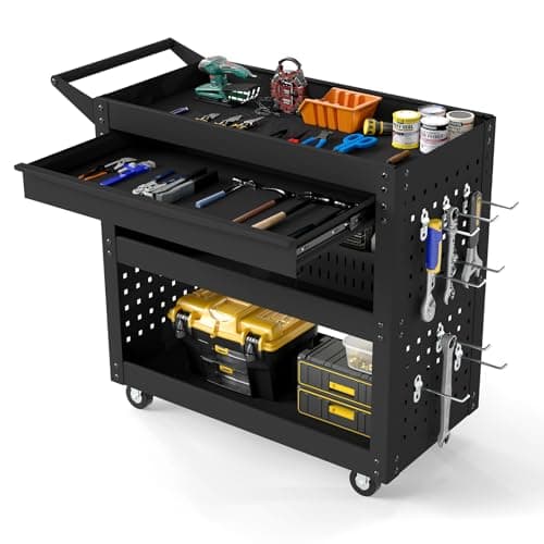 Image of COSTWAY 3-Tier Tool Trolley on Wheels, Lockable Metal Mechanic Tool Cart with Drawer, 2 Pegboards, 8 Hooks & Handle, Rolling Utility Service Trolley for Workshop Garage Kitchen, 210KG Load (Black)