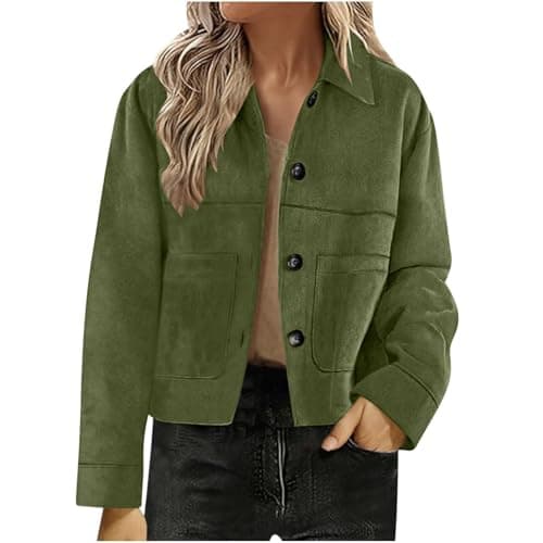 Image of Saxrel Ladies Faux Suede Bomber Coat Army Green Women's UK Turndown Collar Jacket Outerwear Button Down Winter Warm Short Coat Overcoat Outdoor Sports Hiking