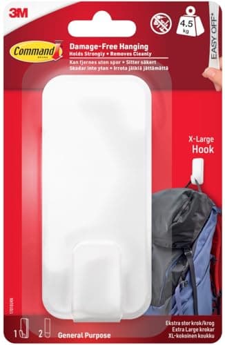 Image of Command Utility Hook, X-Large for Heavyweight - 1 Hook in White and 2 Adhesive Strips for Indoor and Other Items up to 4.5 kg - No Nails, No Holes, No Drilling