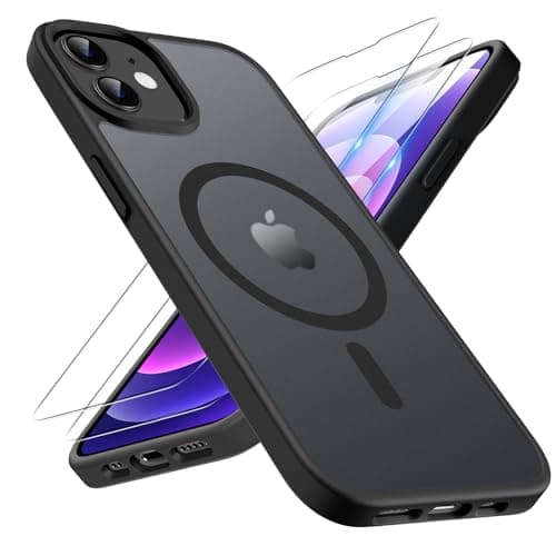 Image of TQIAHF Magnetic Phone Case for iPhone 12/iPhone 12 Pro Case with 2 Tempered Glass Screen Protector Compatible with MagSafe Military Grade Translucent Matte Phone Cover for iPhone 12/12 Pro,Black