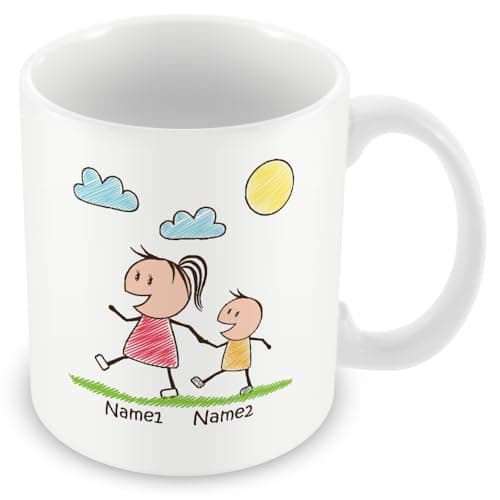 Image of MUGGZ Personalised Mummy Mug with Kid – Custom Names – Cute Mum and Child Stick Figure Design Gift for Mums