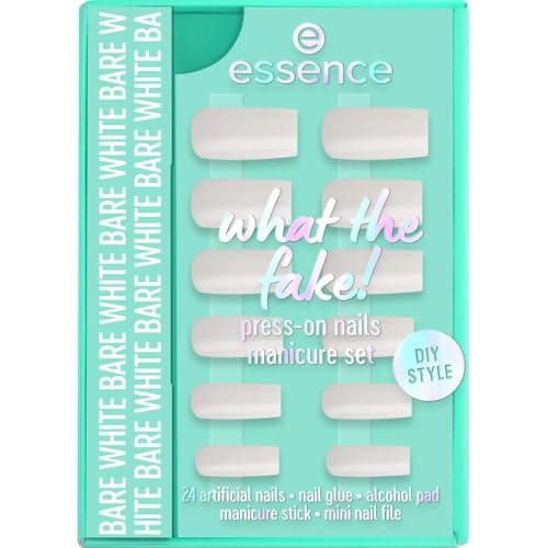 Image of essence what the fake! Press-On Nails Manicure Set, No. 04, White, Long-Lasting, Fixing, Quick-Drying, Natural, Glossy, Vegan, Nanoparticle Free, Pack of 1 (28 Pieces)