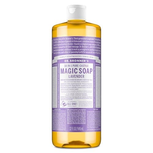Image of Dr Bronner's 18-in-1 Lavender Pure-Castile Liquid Soap, Made with Organic Oils. Used for Face, Body, Hair, Dishes, Mopping and Pets, Certified Fair Trade & Vegan Friendly, 946ml Recycled Bottle