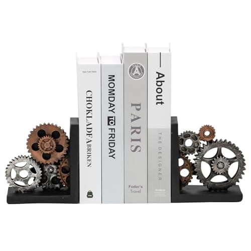 Image of Upriver Vintage Bookends, Imitation Metal Gear Decorative Book Ends, Steampunk Style Book Block Book Stoppers for Home, Office, Library, School