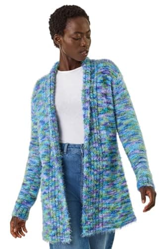 Image of Roman Women Fluffy Cardigan Ladies Winter Cardi Longline Edge to Edge Ombre Coatigan Casual Sparkly Glittery Jacket Knitwear Knitted Autumn Fleecy Cosy Soft Coats - Multi Blue - Size 20