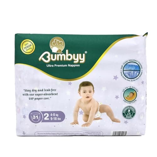 Image of Baby Nappies Size 2 Bumbyy 31 (1Pack) – Ultra-Absorbent Leak-Proof Nappies for Sensitive Skin, Hypoallergenic & Dermatologically Tested Soft Thin 12hr Dry Baby Diapers for Babies 4–8kg