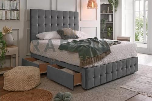 Image of Fireplaces 4 Life Plush Faygo Divan Bed Set With Orthopaedic Mattress, 24" Headboard and Footboard (Steel, 2 Drawers Same Side, 5ft Kingsize (150 x 200 cm))