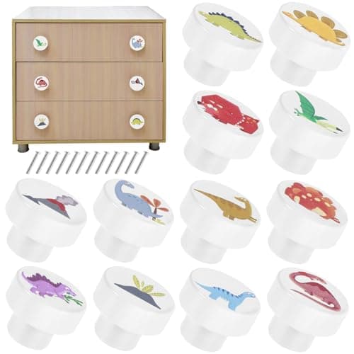 Image of 12Pcs Wooden Cabinet Knobs with Screws, 35mm Round Cute Dinosaur Pattern Kids Drawer Knobs, Decorative White Wood Furniture Pull Handle for Nursery Children's Room Cabinet Closet(12pcs (Dinosaur))