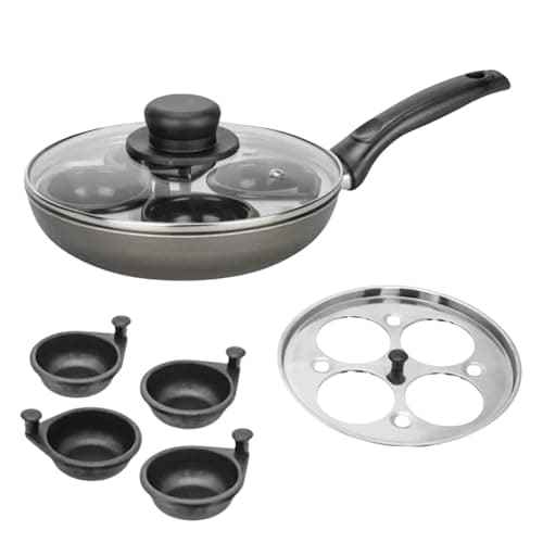 Image of Non Stick 4 Cups Egg Poacher Pan Aluminium with Glass Lid 20cm, Easy Clean Removable Egg Poaching Frying Pan for Kitchen Cooking, Long Cool Touch Black Handle