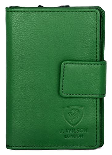 Image of J. Wilson London Ladies RFID Safe Designer Leather Purse Card Women Wallet Zip Pocket Boxed Distressed Green