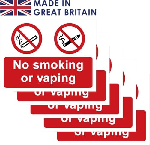 Image of Pack of 5 self adhesive safety signs 135mm x 180mm - No smoking or vaping Regulation colours