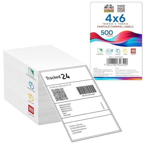Image of Double Dragon 100 x 150 mm (4" x 6"), 500 Fanfold Labels Premium Coated, Permanent Adhesive, Compatible with Zebra, MUNBYN, Rollo, TSC, Toshiba, Citizen Label Printers (1 Stack)