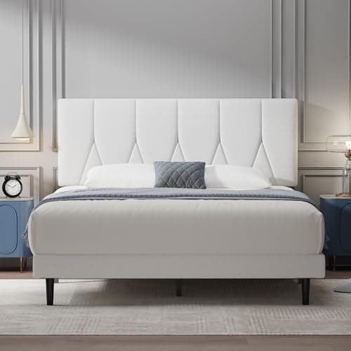 Image of Yocreat Double Bed Frame, White, Upholstered Wooden Slat Bed Frame with Headboard, Easy Assembly, Underbed Storage, No Box Spring Needed 135×190