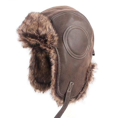 Image of EDLMKM Winter Bomber Hats, Unisex Winter Trapper Hat, Leather Winters Pilot Cap for Men Women, Waterproof Windproof Hunting Hat for Outdoor Skiing Skating Brown