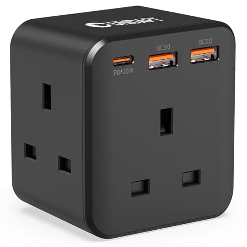 Image of Unidapt Plug Extension Socket with 3 Fast USB Charge Ports, 3 Way Multi Plug Adapter with PD 20W USB-C (Black)