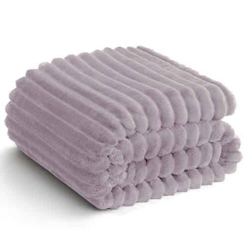 Image of WAVVE Fleece Throw Blanket - Double/Twin Size Fluffy Soft Warm Striped Blankets for Sofa, Bed, Couch, Cute Fuzzy Decorative Bed Blanket for Women and Girls, Grey Purple, 150x200cm
