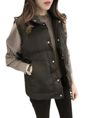 Image of Women's Gilets Button Down Casual Winter Oversized Puffer Vest Stand Collar Warm Padded Puffy Jackets Sleeveless Coat with Pockets Black L