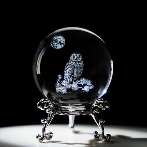 Image of HDCRYSTALGIFTS 60mm 3D Owl Crystal Ball Gifts for Women Men Laser OWL Crystal Ball with Stand Figurines Animal Glass Ball Ornaments Paperweights Figurine Home Art Decor