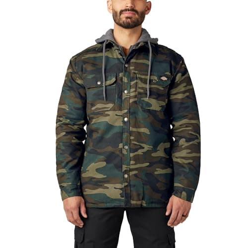 Image of Dickies Men's Fleece Hooded Duck Shirt Jacket With Hydroshield Work Utility Outerwear, Hunter Green Camo, L UK