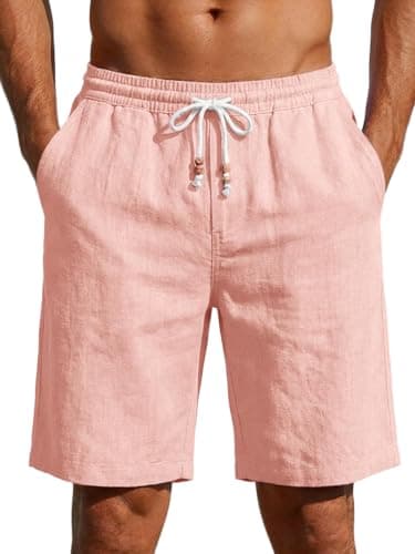 Image of Runcati Men's Lightweight Linen Shorts Plain Cotton Summer Shorts Chino Sports Beach Casual Trousers with Elastic Waist and Pockets, Pink, L