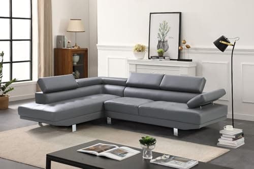 Image of Furniture 786 Black Bonded Corner Couch – Left & Right Hand Grey Sofa - Faux Leather Settees - Contemporary High Back L Shape Settee - Seater Sofa with Adjustable Head Rest (Grey, LH)