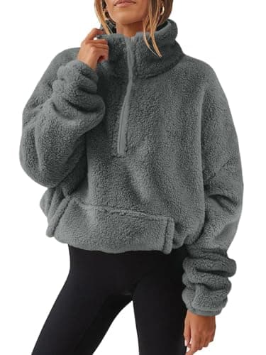 Image of CheChury Half Zip Fleece Sweatshirt for Womens Long Sleeve Quarter Zip Oversized Teddy Fuzzy Warm Pullover Ladies Jacket with Pockets,deep gray,XL