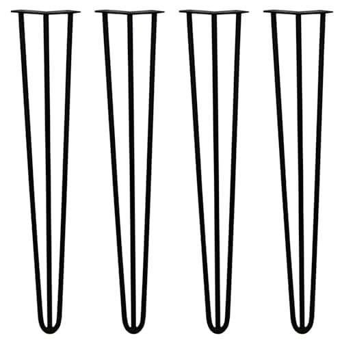 Image of SkiSki Hairpin Table Legs 28” 71cm Pack of 4 Black Heavy Duty 12mm Thick Steel 3 Prong 300kg Load Capacity DIY Furniture Glide Discs Floor Protectors & Screws Included