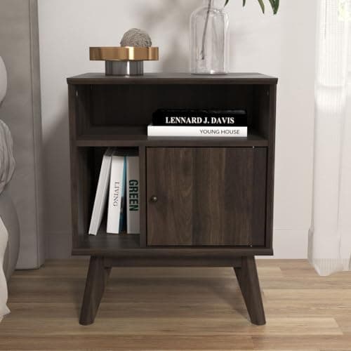 Image of Galano Alston Side Table – Slim Bedside Table with Storage Drawer – Stylish Bedroom Furniture and Organizer Cabinet for Entryway or Hallway – Royal Walnut