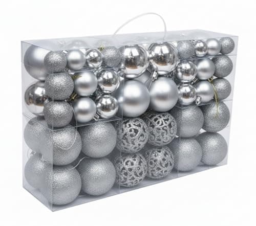 Image of 100 x Silver Baubles Christmas - Shatterproof Xmas Tree Ball Decoration Set, Hanging Décor Ornaments For Indoor Outdoor, Assorted Sizes Finishes