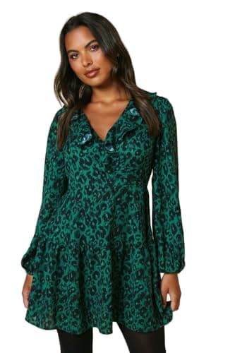 Image of Dorothy Perkins Women's V-Neck Long Sleeve Occasionwear Party Wedding Guest Green Animal Pattern Tiered Hem Frill Wrap Mini Dress, V-Neck, Spring