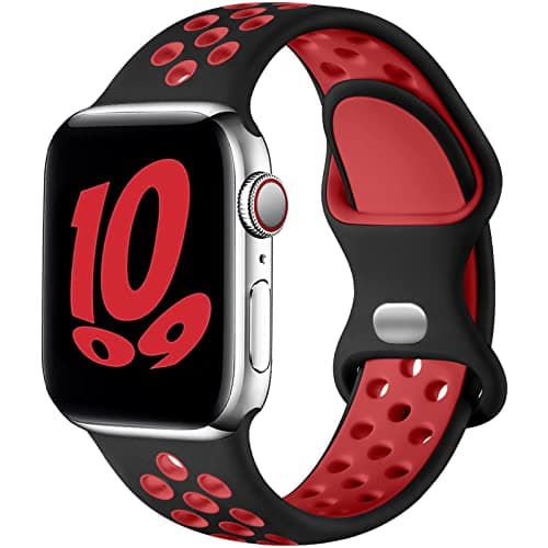 Image of Upeak Sport Strap Compatible with Apple Watch Strap 44mm 45mm 46mm 42mm 49mm, Breathable Silicone Double Hole Band for iWatch Strap Series 11 10 9 8 7 6 5 4 2 1, SE 3, Ultra 3, L, Black/Red