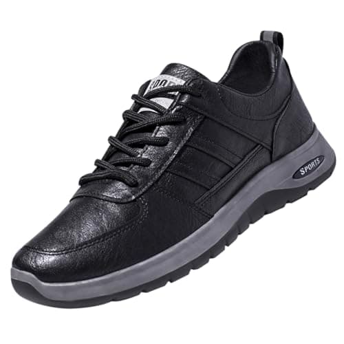 Image of Men's Trainers Faux Leather Upper Plain Waterproof Outdoor Walking Shoes Low-Top Wide Fit Lace Up Running Sneakers Casual Slip-Resistant Gym Workout Shoes with Air Cushion Wedge for Daily Wear Black